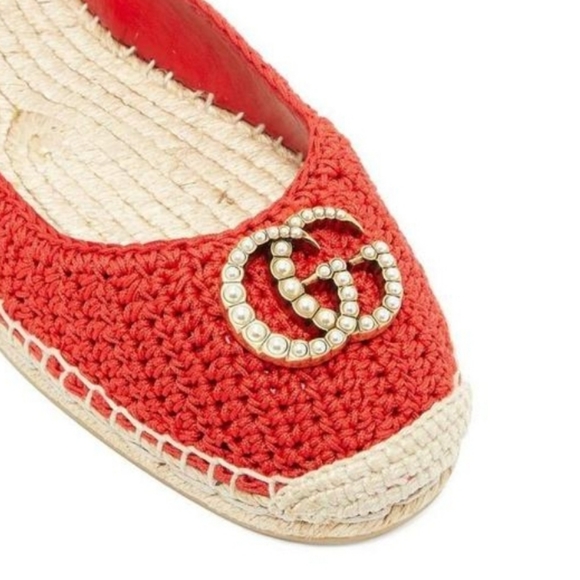 GUCCI Red Lilibeth Gg Faux Pearl-embellished Espadrilles Flats Size 7 - Picture 5 of 11